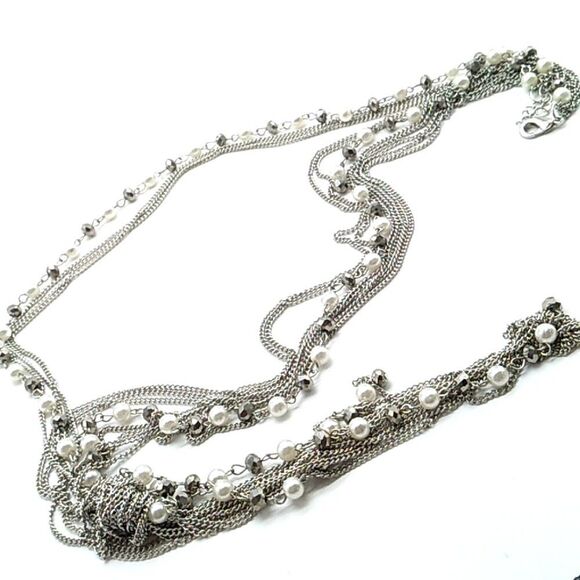 Faux Pearl Crystal Necklace Beaded Multi-Strand Layered Tassel Silver-tone Chain - Picture 2 of 16